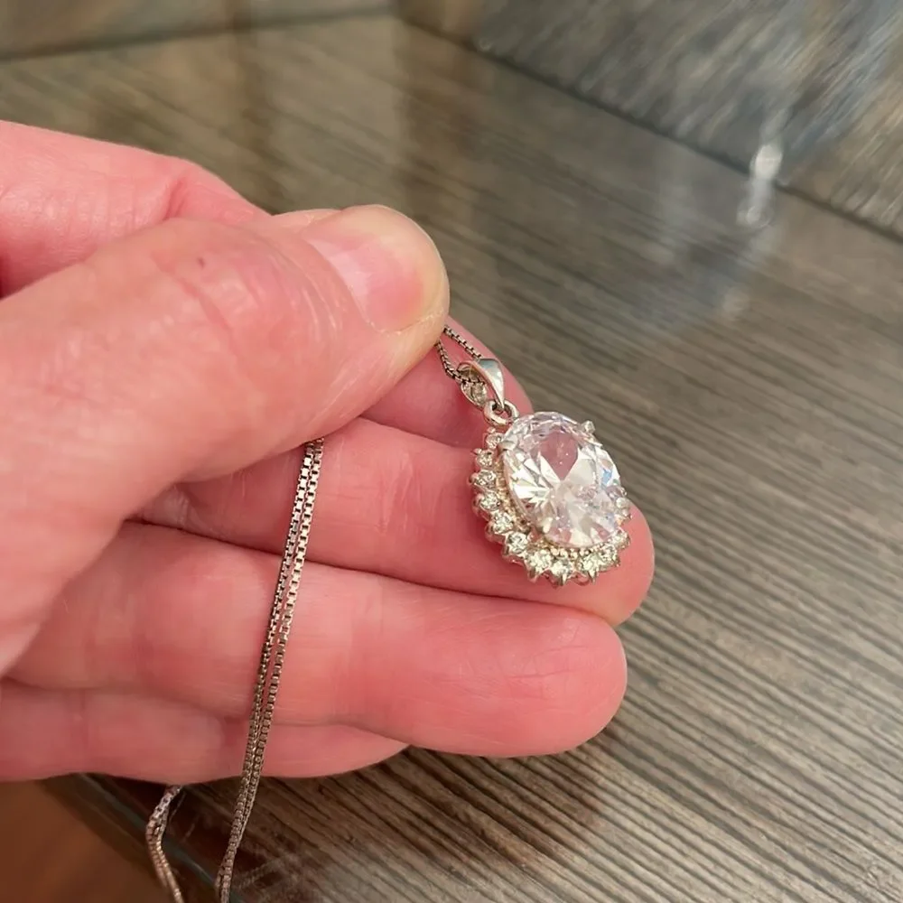 Vintage Oval Halo CZ Pendant with Sterling Silver Box Chain